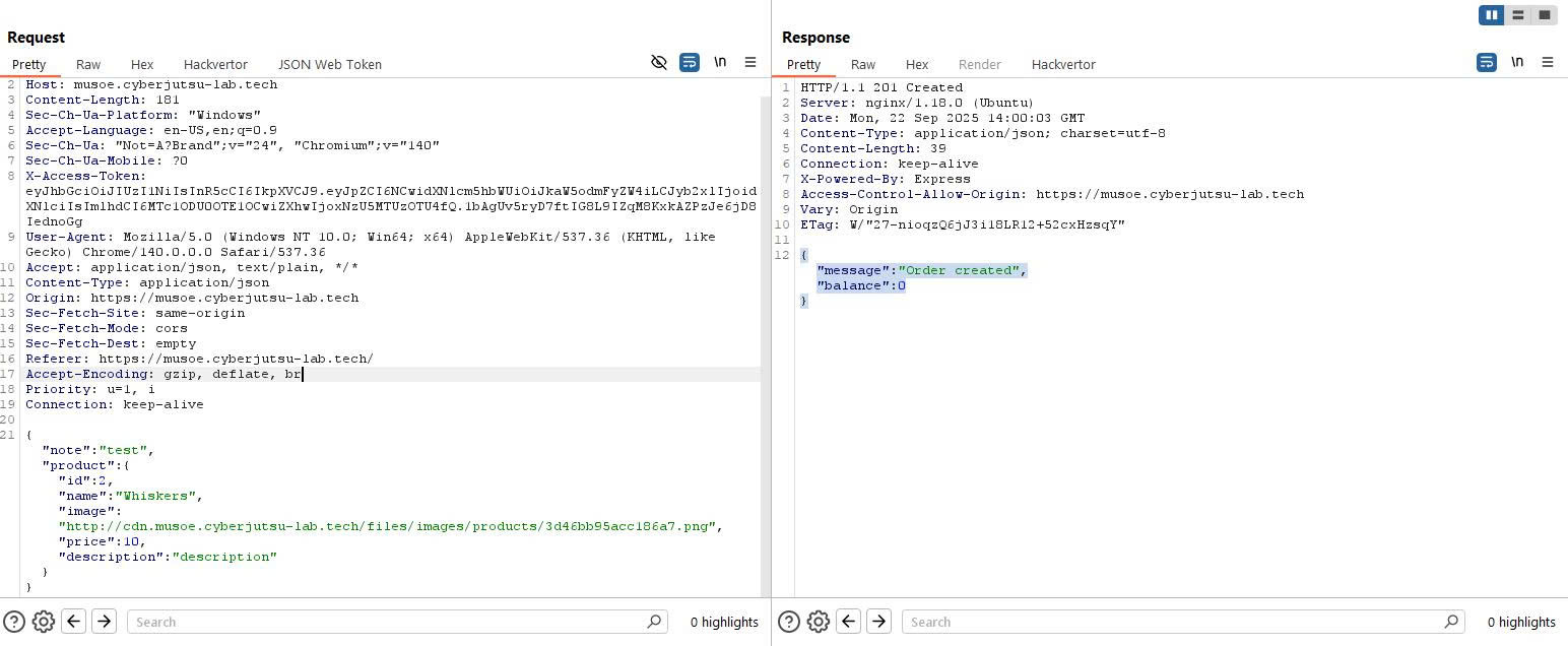 Create order - example request/response